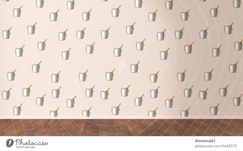 Tapete mit Champagner-Kühler-Muster und Holzboden, 3D-Rendering gemustert gemusterte gemusterter gemustertes gemusterten Wand Wände Waende Tapeten Holzboeden