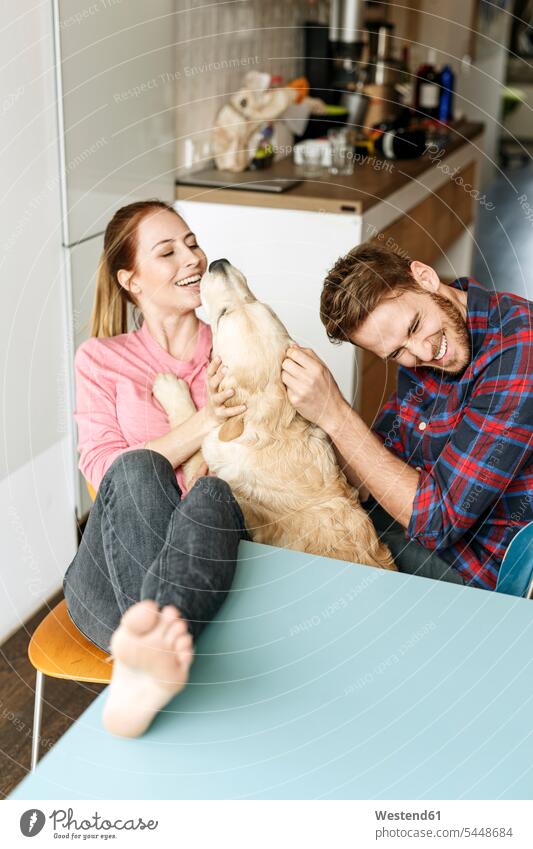Glückliches junges Paar spielt zu Hause mit Hund Hunde Zuhause daheim glücklich glücklich sein glücklichsein spielen Pärchen Paare Partnerschaft Haustier
