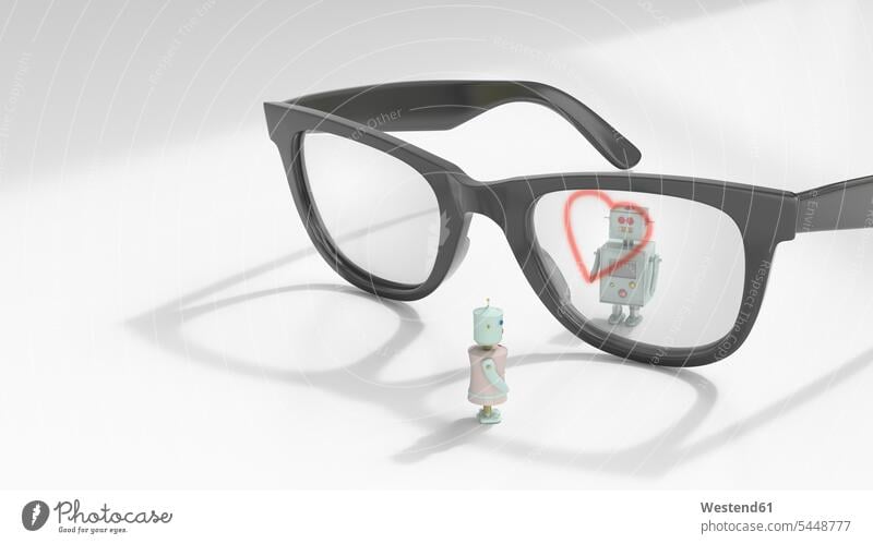 Männlicher und weiblicher Roboter, die sich durch eine Brille mit einem Herz betrachten Idee Ideen Eingebung Maschine Automat frisch verliebt sich verlieben