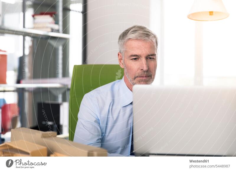 Geschäftsmann, der im Büro arbeitet und einen Laptop benutzt arbeiten Arbeit sitzen sitzend sitzt Konzentration konzentriert konzentrieren Notebook Laptops