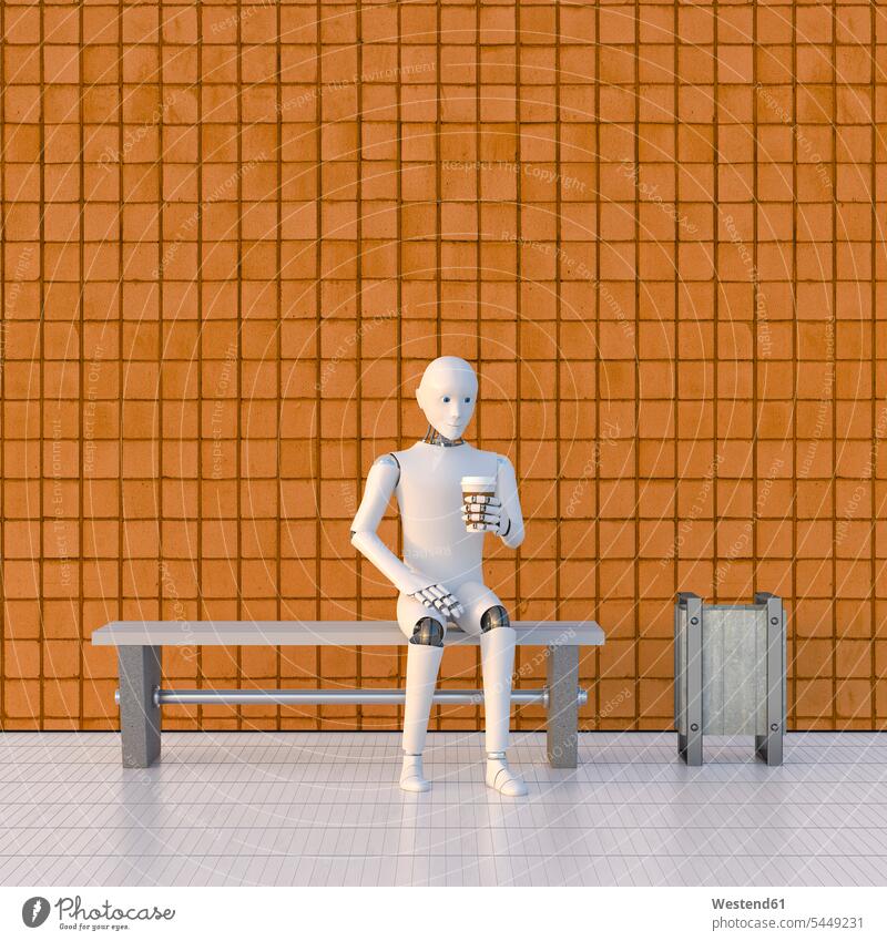 Roboter sitzt auf Bank am Bahnsteig und trinkt Kaffee Sitzbänke Bänke Sitzbank Textfreiraum futuristisch Zukunft Future Visionär Ersatz Wegwerfbecher Becher