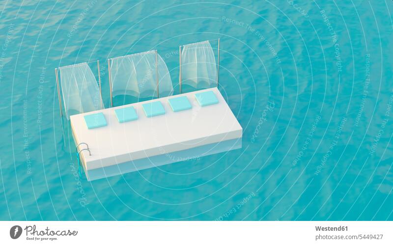 Plattform mit im Meer schwimmenden Kissen, 3D-Darstellung Traumurlaub Entspannung entspannt Entspannen relaxen entspannen Außenaufnahme draußen im Freien wehen
