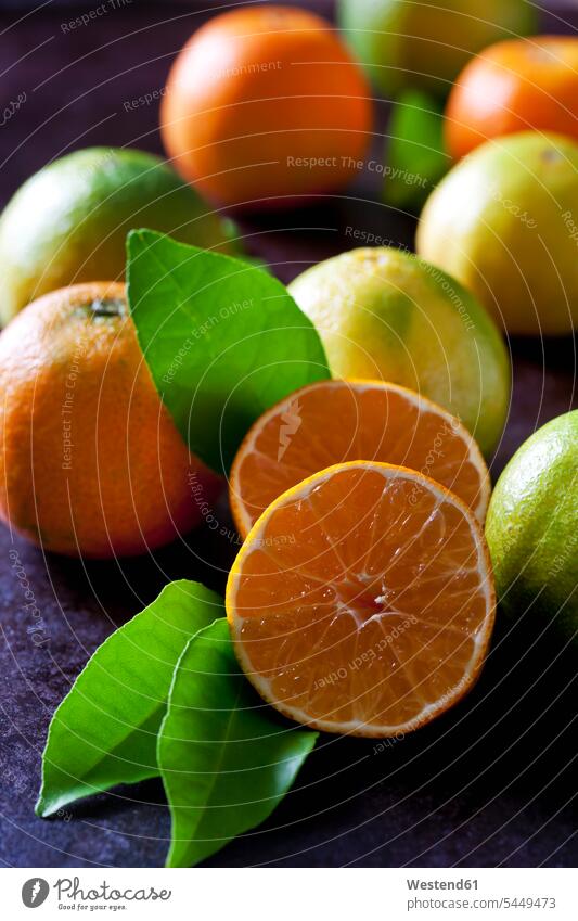 Bio-Mandarinen und Zitronen auf dunklem Hintergrund Niemand Fokus Auf Den Vordergrund Fokus Auf Dem Vordergrund Mittelgroße Ansammlung von Gegenständen mehrere
