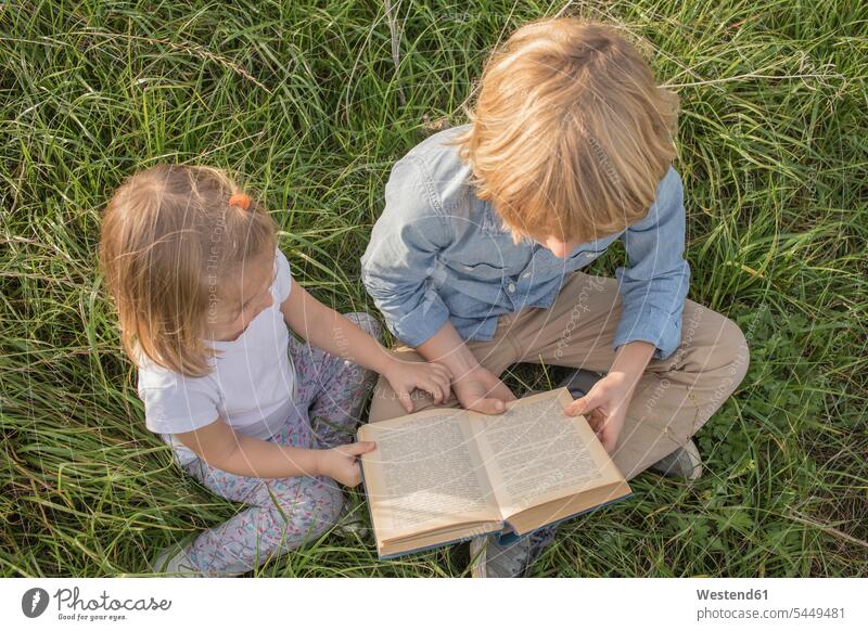 Bruder und seine kleine Schwester sitzen auf einer Wiese und lesen ein Buch, Draufsicht Geschwister Familie Mensch Mädchen Authentizität Early Learning