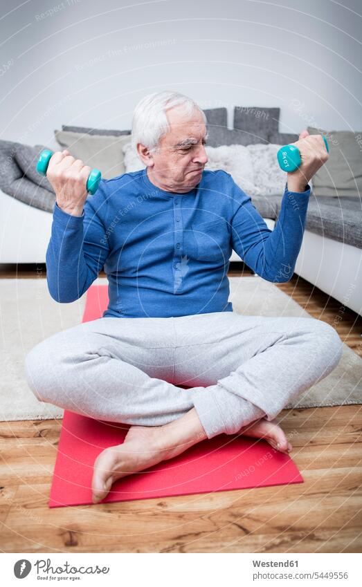 Älterer Mann macht zu Hause Muskeltraining Fitness Gesundheit gesund Hantel Hanteln Trainieren Übung Üben Übungen aktiv sitzen sitzend sitzt Männer männlich