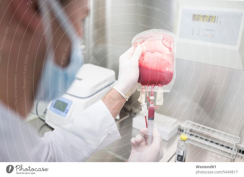 Wissenschaftlerin arbeitet mit Blutbeutel im Labor arbeiten Arbeit Laborant Laboranten Blutkonserve Blutkonserven konserviertes Blut Menschenblut