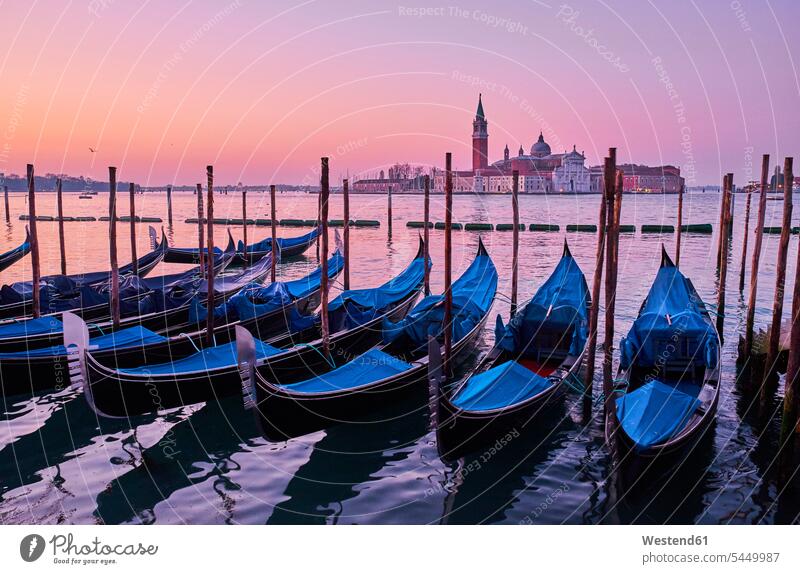 Italien, Venedig, Blick vom Markusplatz auf die Giudecca mit Gondeln Sehenswürdigkeit Sehenwürdigkeiten sehenswert historisch morgens Frühe früh Morgen