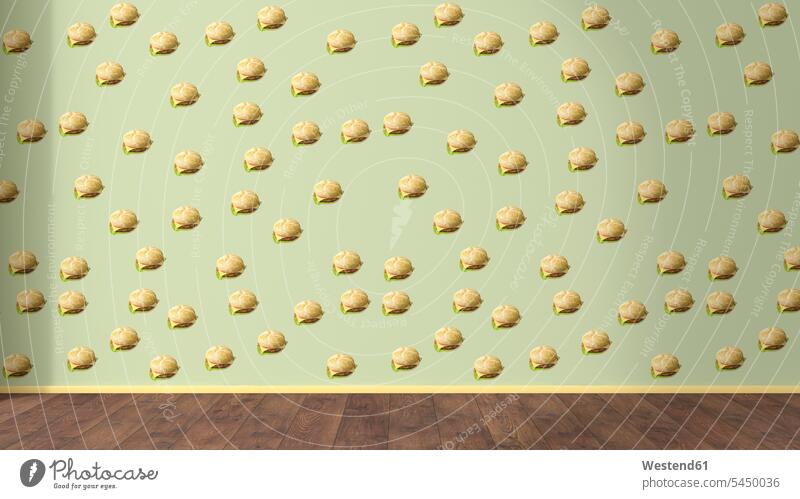 Tapete mit Hamburger Muster und Holzboden, 3D-Rendering gemustert gemusterte gemusterter gemustertes gemusterten Bildsynthese 3D Rendering Wand Wände Waende