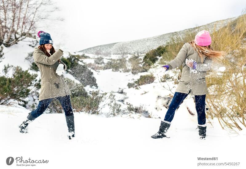 Freunde bei einer Schneeballschlacht im Schnee werfen Wurf Freundinnen Winter winterlich Winterzeit Freundschaft Kameradschaft spielen lachen