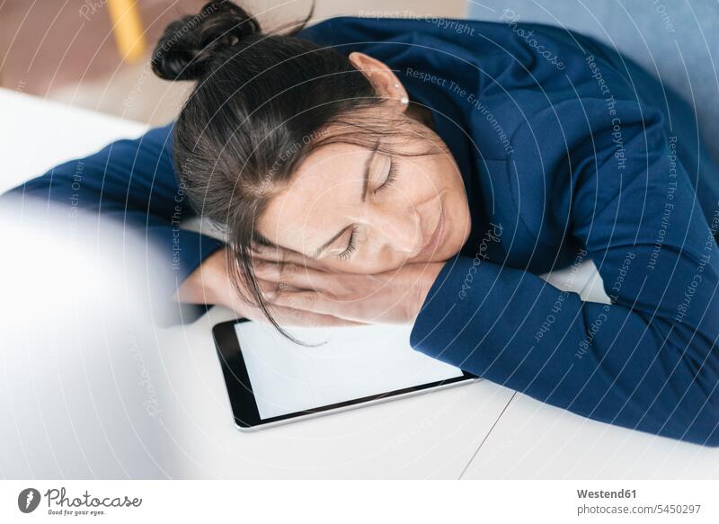 Überarbeitete Frau schläft im Büro auf Tablett weiblich Frauen Schreibtisch Arbeitstisch Schreibtische Geschäftsfrau Geschäftsfrauen Businesswomen