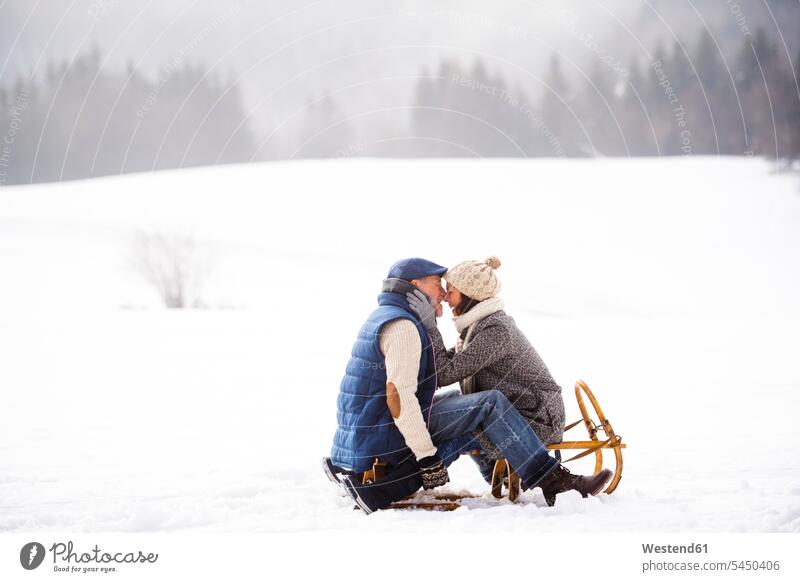 Glückliches älteres Ehepaar sitzt Angesicht zu Angesicht auf Schlitten in Winterlandschaft Paar Pärchen Paare Partnerschaft Mensch Menschen Leute People