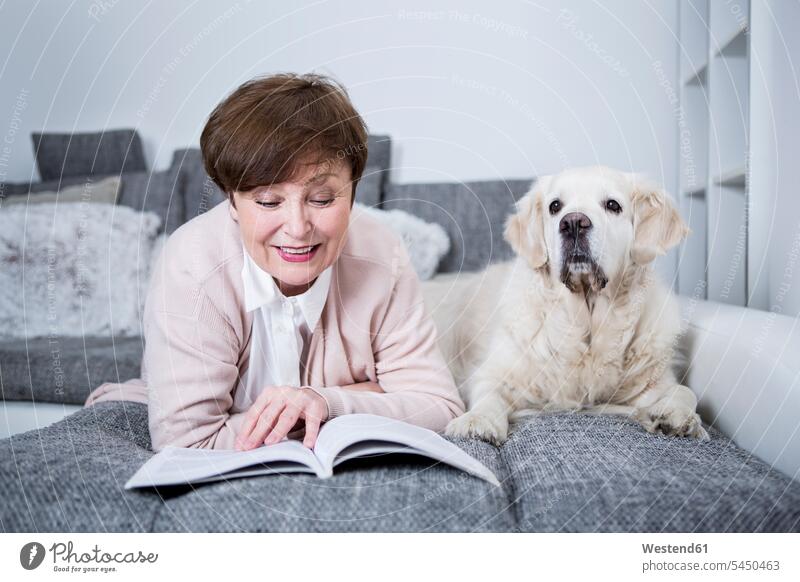 Ältere Frau liegt auf dem Sofa und liest mit einem Hund an ihrer Seite ein Buch liegen liegend weiblich Frauen Bücher Gemütlich Wohlfühlen behaglich