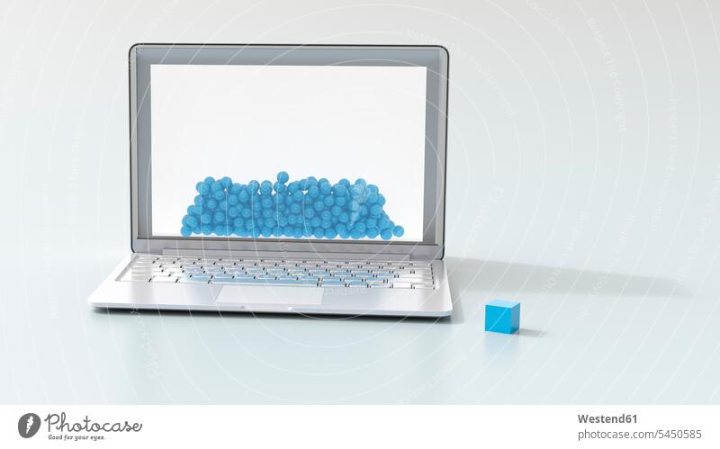 Laptop, blaue Bälle und ein Würfel, 3D-Rendering hellblau Allein alleine einzeln Abweisung Zurueckweisung abweisen Ablehnung Zurückweisung zurückweisen