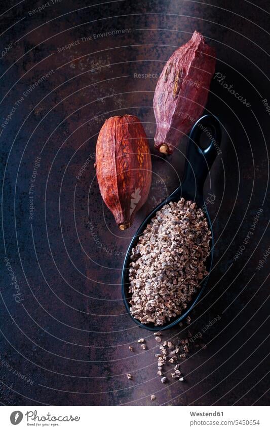 Löffel mit zerdrückten rohen Kakaofedern und Kakaoschoten auf rostigem Metall braun Gesunde Ernährung Ernaehrung Gesunde Ernaehrung Gesundheit gesund zerdrücken