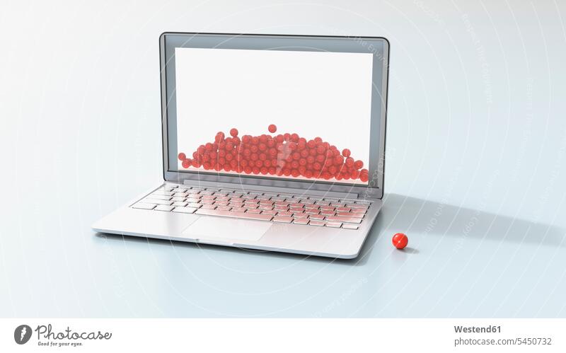 Laptop und rote Bälle, 3D-Rendering innerhalb innen Gegensatz Kontrast Gegensätze gegensätzlich modern Bildsynthese 3D Rendering Display Displays