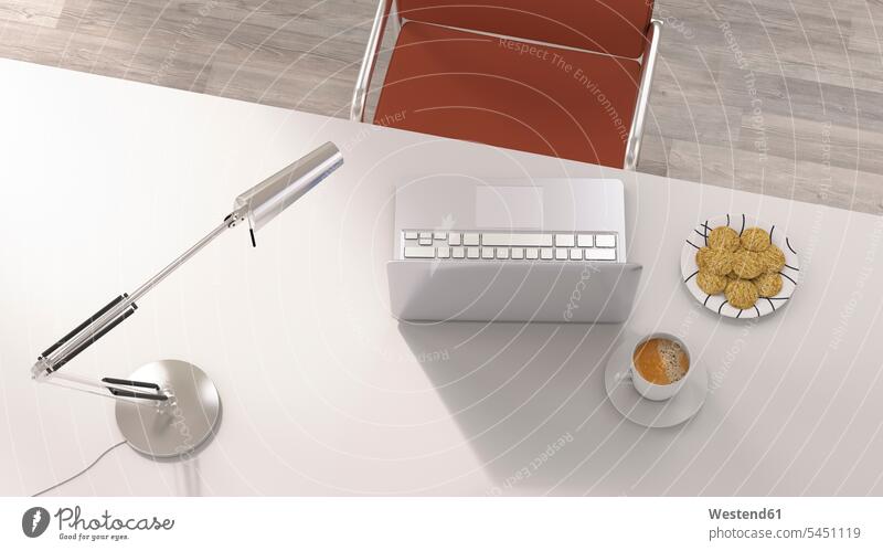 Kaffeepause im Büro, Tasse Kaffee und Kekse per Laptop auf dem Schreibtisch Notebook Laptops Notebooks Erreichbarkeit verfügbar Verfügbarkeit erreichbar