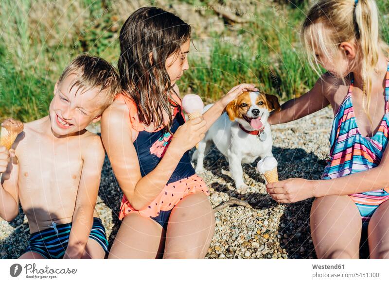 Drei Kinder essen Eiscreme und spielen mit dem Hund am Strand Freunde Hunde Speiseeis Freundschaft Kameradschaft Haustier Haustiere Tier Tierwelt Tiere