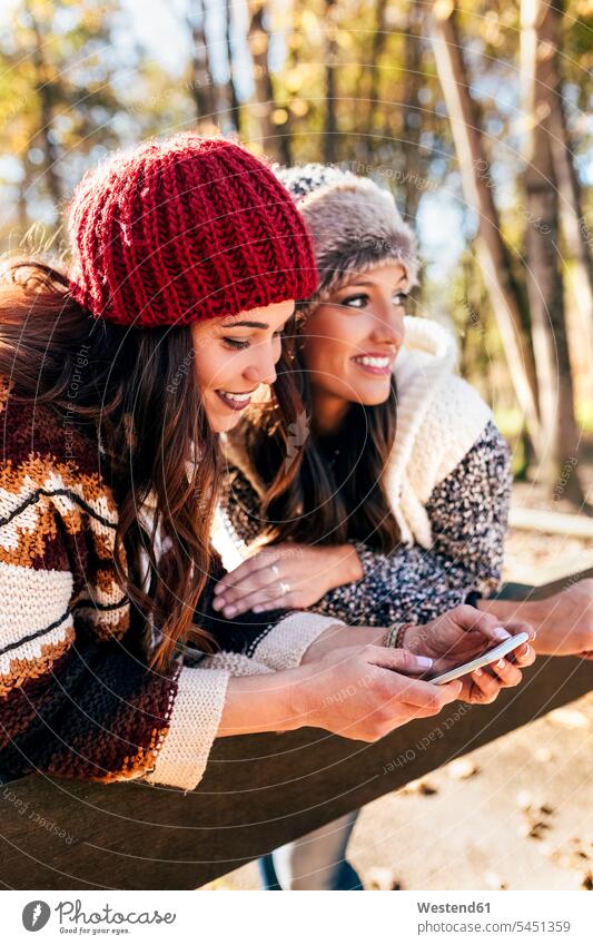 Zwei hübsche Frauen benutzen ein Smartphone in einem herbstlichen Wald weiblich Freundinnen iPhone Smartphones schön Forst Wälder Herbst Erwachsener erwachsen