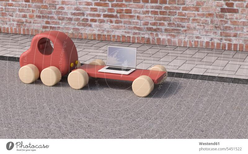 Laptop auf Anhänger eines Holzspielzeugautos, 3D-Rendering Konzept konzeptuell Konzepte Büro Office Büros Innovation innovativ Neuheit Neuerung Innovationskraft