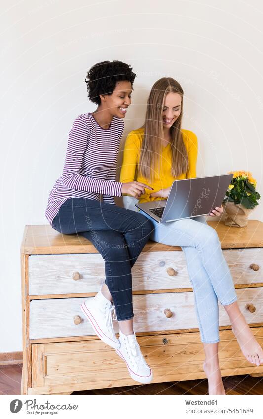 Zwei junge Frauen sitzen auf dem Schrank und schauen gemeinsam auf den Laptop Notebook Laptops Notebooks Zuhause zu Hause daheim sitzend sitzt Teilen Sharing
