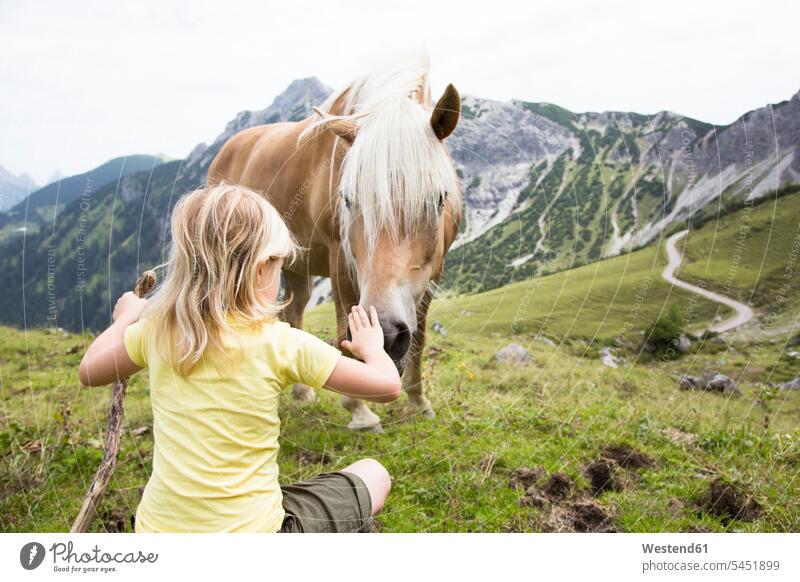 Österreich, Südtirol, junges Mädchen mit Pferd auf der Wiese Abenteuer abenteuerlich Equus caballus Pferde zutraulich Zutraulichkeit Wiesen Wanderin Wanderinnen