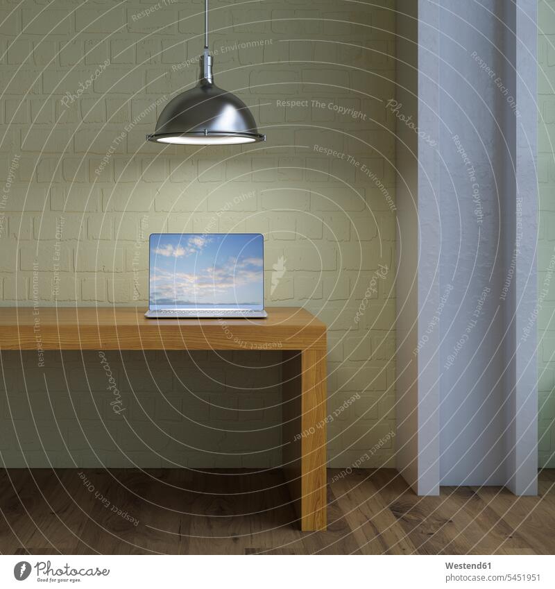 Laptop auf Tisch unter Lampe, 3D-Wiedergabe Konzept konzeptuell Konzepte Möbel Mobiliar Einrichtungsgegenstand Einrichtungsgegenstände Internet Business