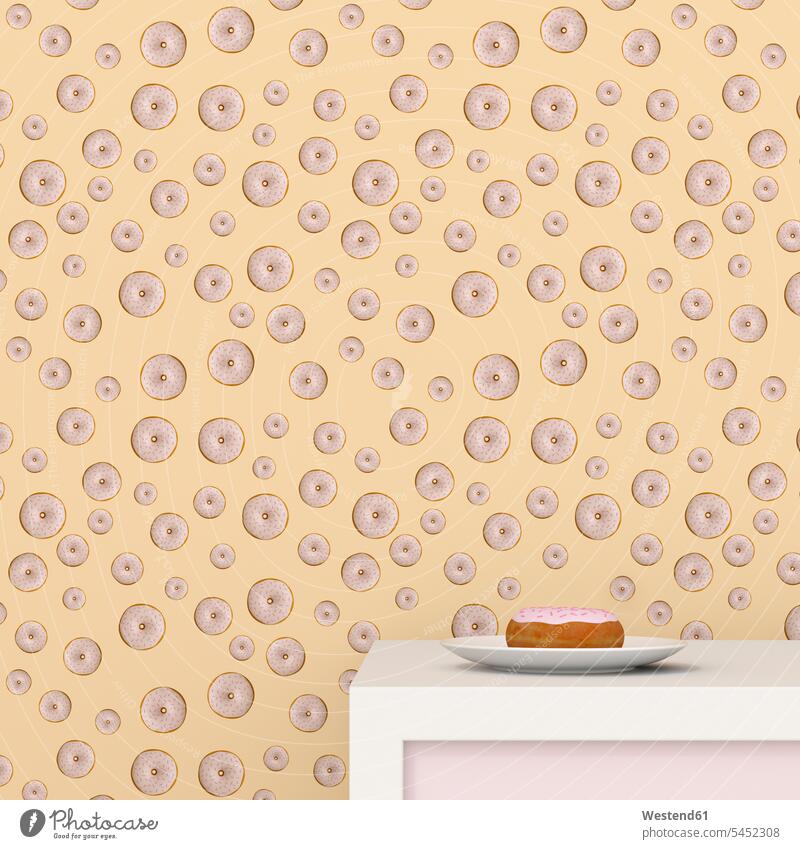 Teller mit Doughnut auf Schranktafel vor Tapete mit Doughnut-Muster, 3D-Rendering dekorativ dekorativer dekoratives Formatfüllend bildfuellend bildfüllend