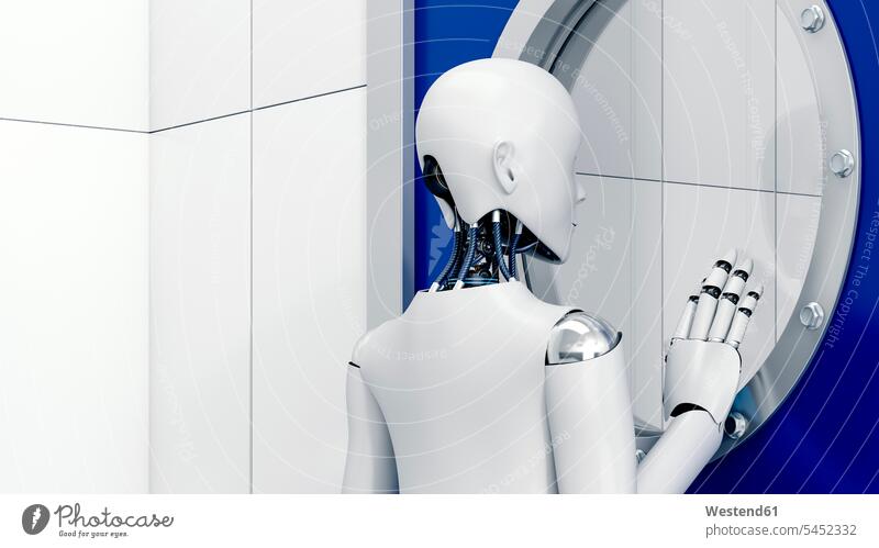 Roboter schaut durch eine Sicherheitstür, 3D-Rendering Spiegel Fortschritt betrachten betrachtend Absicherung weiß weißes weißer weiss Betrachtung Nachsinnen