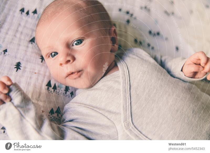 Nahaufnahme eines neugeborenen Babys mit Strampler Kind Babies Kinder Portrait Porträts Portraits liegen liegend liegt Mensch Menschen Leute People Personen