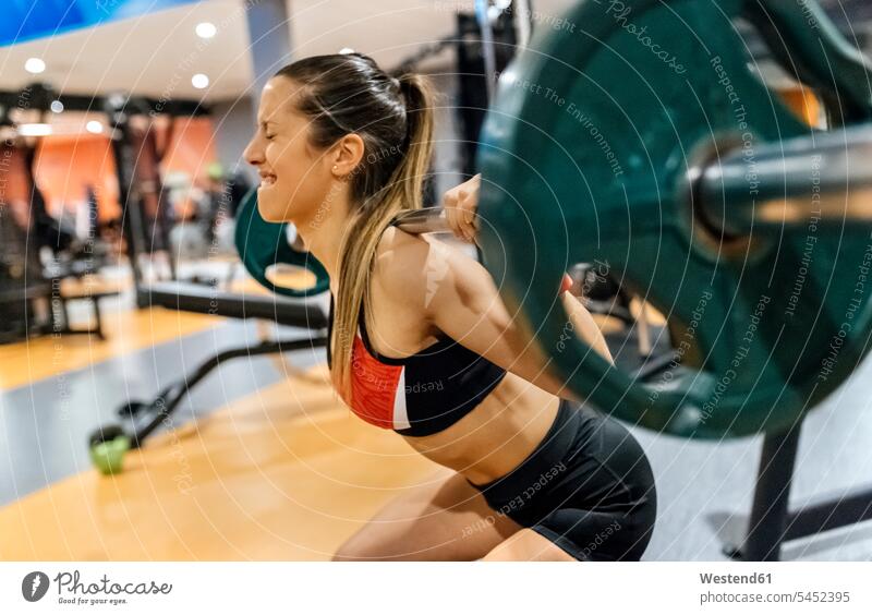 Junge Frau beim Gewichtheben im Fitnessstudio weiblich Frauen Fitnessclubs Fitnessstudios Turnhalle trainieren Erwachsener erwachsen Mensch Menschen Leute