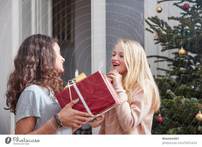 Mädchen überreicht Weihnachtsgeschenk an Freundin Weihnachten Christmas X-Mas X mas geben überreichen lächeln glücklich Glück glücklich sein glücklichsein