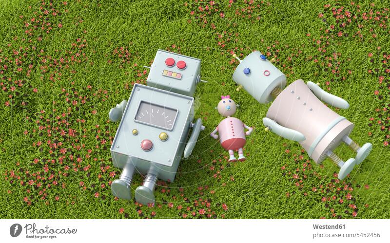Roboterfamilie auf der Wiese liegend, 3D-Rendering Paar Pärchen Paare Partnerschaft ländliches Motiv nicht städtisch Konzept konzeptuell Konzepte