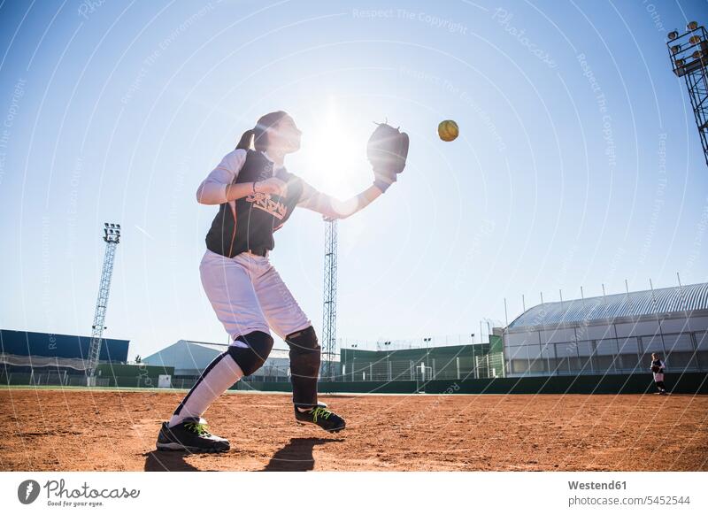 Baseball-Spielerin, die den Ball während eines Baseball-Spiels fängt Baseballspiel fangen fangend Frau weiblich Frauen Sport Erwachsener erwachsen Mensch