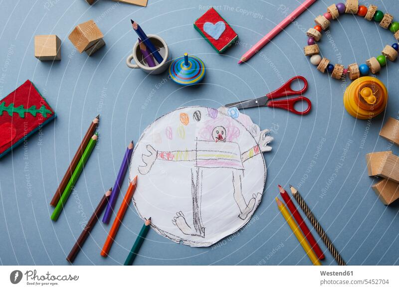 Kinderzeichnung, Farbstifte und Zubehör Einfallsreichtum erfinderisch Schere Scheren Kindliche Darstellung kindlich Buntstift Buntstifte Fantasie Phantasie