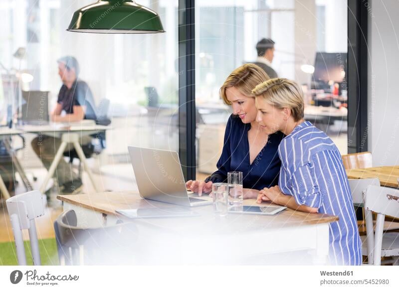 Zwei Geschäftsfrauen teilen sich einen Laptop Businesswomen Businessfrauen Businesswoman lächeln Notebook Laptops Notebooks Kollegin Kolleginnen Geschäftsleute