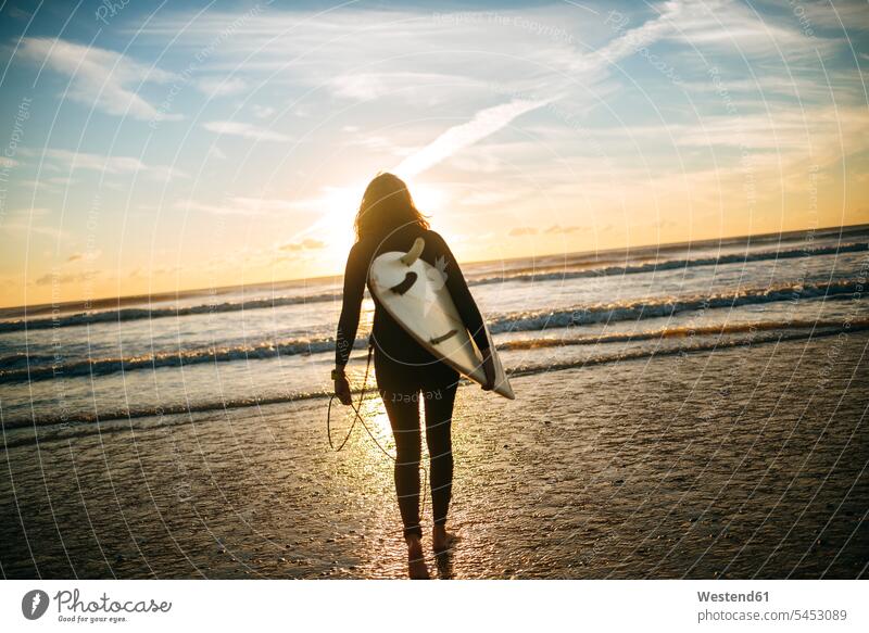 Rückenansicht einer Frau mit Surfbrett am Strand bei Sonnenuntergang Surfbretter surfboard surfboards Surferin Wellenreiterinnen Surferinnen Surfen Surfing