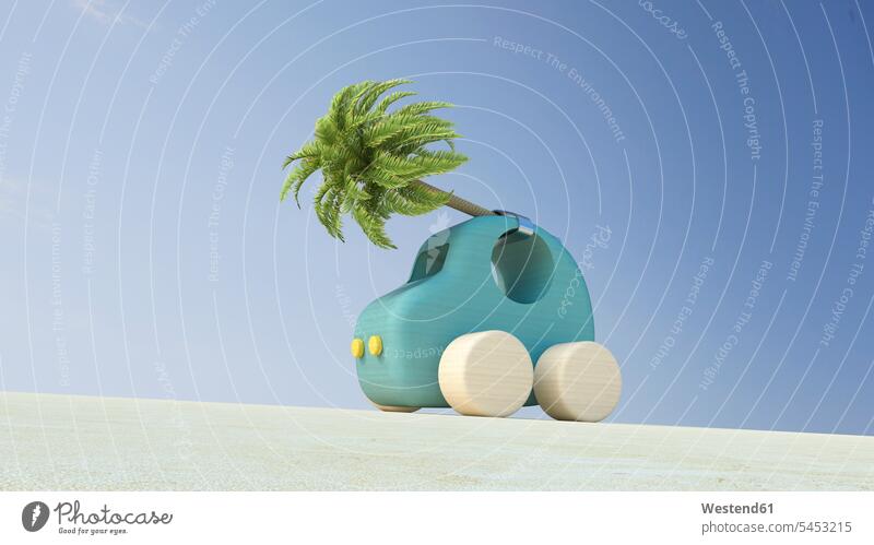 Hölzernes Spielzeugauto mit Palme auf dem Dach, 3D-Rendering anders Konzept konzeptuell Konzepte Mobilität mobil Auszeit Alles hinter sich lassen abschalten
