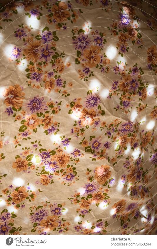 Lichtreflexe auf einer geblümten Bettdecke Blumenmuster Blümchenmuster textil Decke Schlafzimmer Textil Design weich gemütlich Bettwäsche Schatten
