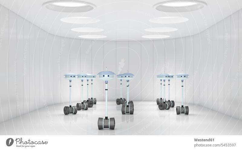 Roboter in futuristischem Raum, 3D-Rendering Konzept konzeptuell Konzepte Zimmer Räume Vorderansicht frontal von vorne Frontalansicht Frontalaufnahmen Zukunft