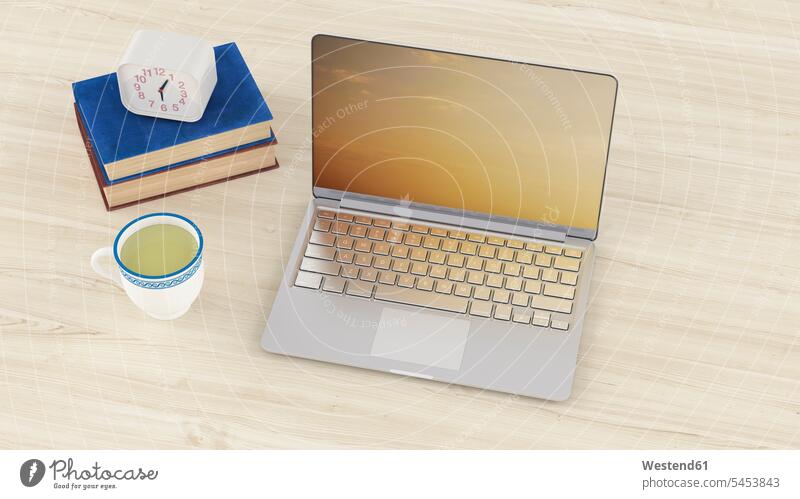 3D-Rendering, Laptop auf dem Schreibtisch mit Tasse Tee und Uhr auf Büchern Buch Ausgeglichenheit ausgeglichen ausgewogen Ausgewogenheit Gleichgewicht Balance