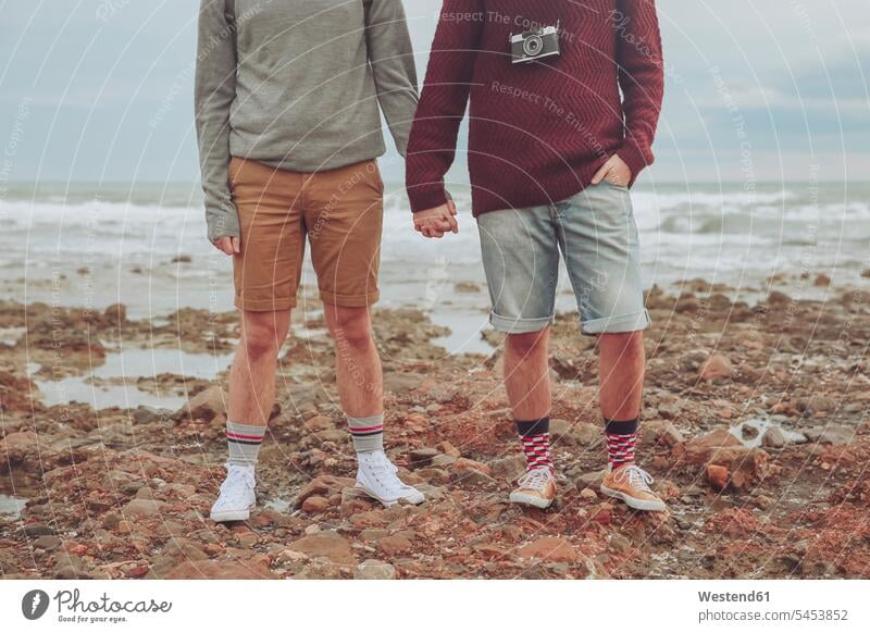 Junges schwules Paar steht Hand in Hand am Strand, Teilansicht Pärchen Paare Partnerschaft Beach Straende Strände Beaches Mensch Menschen Leute People Personen