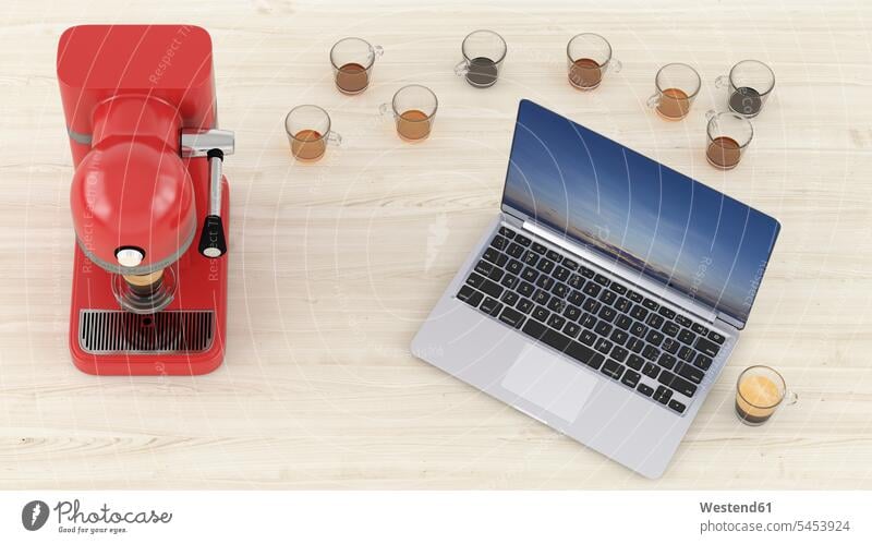 3D-Rendering, Laptop auf dem Schreibtisch mit vielen leeren Kaffeetassen und Espressomaschine Kaffeemaschine Kaffeemaschinen Überlastung Überforderung