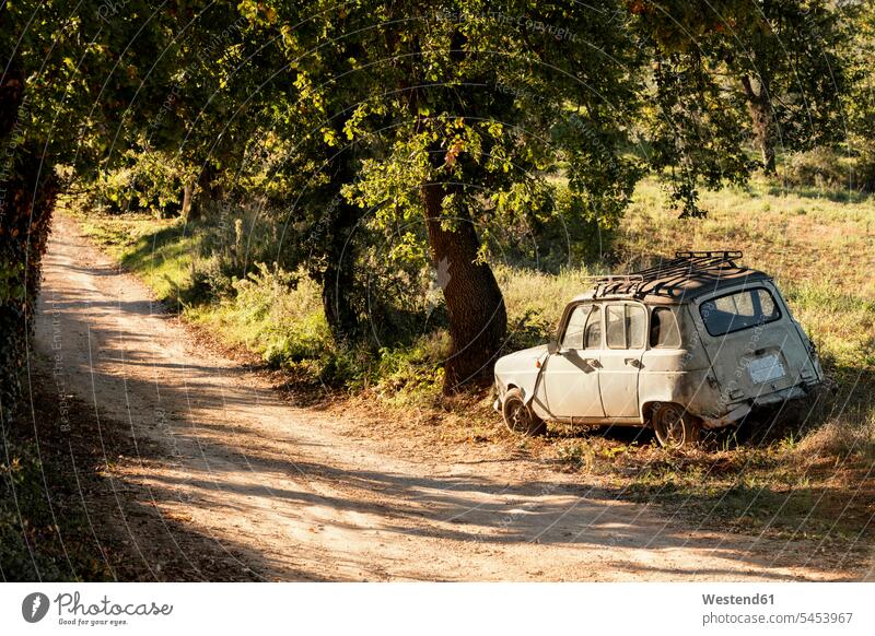 Italien, Toskana, veraltetes Auto am Wegesrand Stimmung stimmungsvoll Sonnenschein sonnig Licht Reise Travel Baum Bäume Baeume Schatten Allee von Bäumen umsäumt