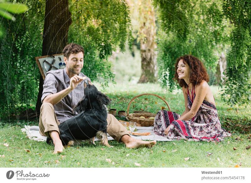 Pärchen mit Hund beim Picknick in einem Park Hunde Parkanlagen Parks Paar Paare Partnerschaft picknicken lächeln Haustier Haustiere Tier Tierwelt Tiere Mensch