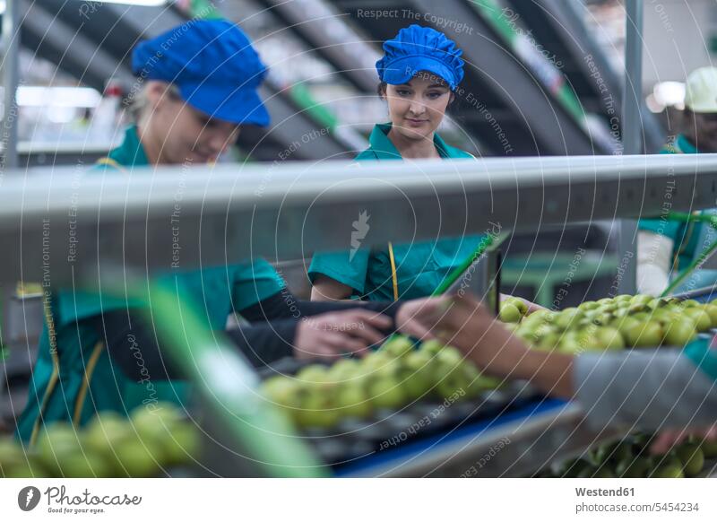 Zwei Frauen arbeiten in einer Apfelfabrik Fabrik Fabrikgebäude Fabrikgebaeude Fabriken Äpfel Aepfel Arbeit weiblich Industrie industriell Gewerbe Industrien