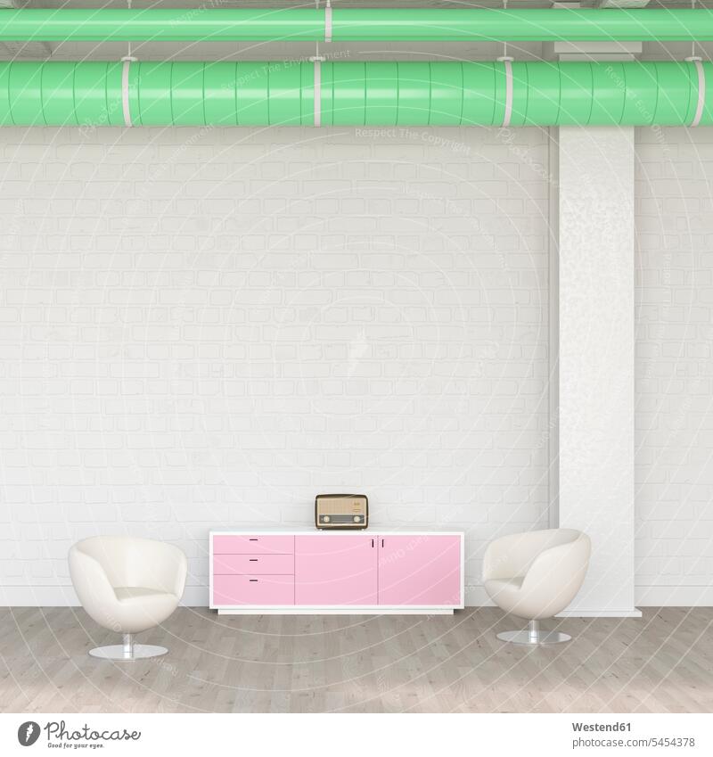 Zwei Sessel, Sideboard und Radio in einer Lounge, 3D-Rendering Moderne Architektur Backstein Backsteine Eingangsbereich Foyer Bildsynthese 3D Rendering
