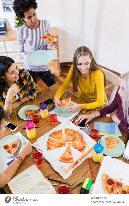 Gruppe junger Frauen, die zu Hause studieren und Pizza essen Pizzen Zuhause daheim Studentin Studentinnen Hochschülerin Hochschülerinnen Hochschuelerinnen