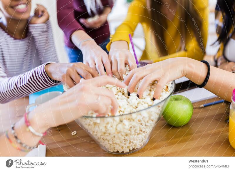 Freunde nehmen zu Hause Popcorn aus der Schüssel Freundinnen Tisch Studentin Frau Zuhause Freundschaft Bildung Erwachsener Mensch Süßigkeiten Essen