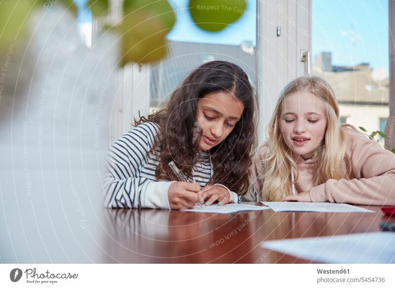 Zwei Mädchen machen gemeinsam Hausaufgaben schreiben aufschreiben notieren schreibend Schrift Freundinnen weiblich Freunde Freundschaft Kameradschaft Kind