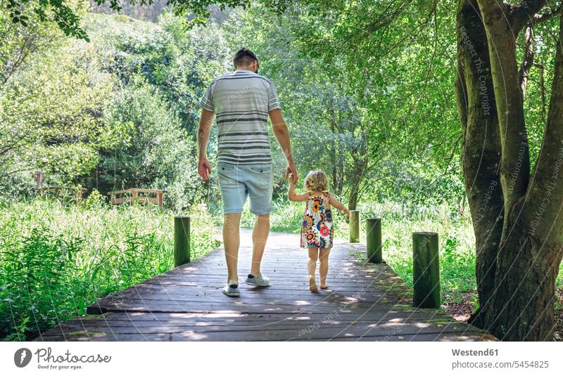 Vater geht mit seiner kleinen Tochter auf einem Holzsteg auf dem Land ländlich auf dem Lande Papas Väter Vati Vatis Papis gehen gehend Weg Wege Pfad Töchter